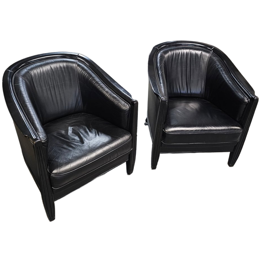 2 X Black Leather Art Deco Armchair 1990s / Good Condition Height 76 1