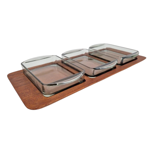 Vintage Digsmed Deense Teak Tray 3 Glazen Schaal Snack Set