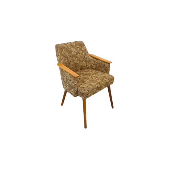 Stoffen Fauteuil Met Houten Leuning En Bladeren Vintage 1