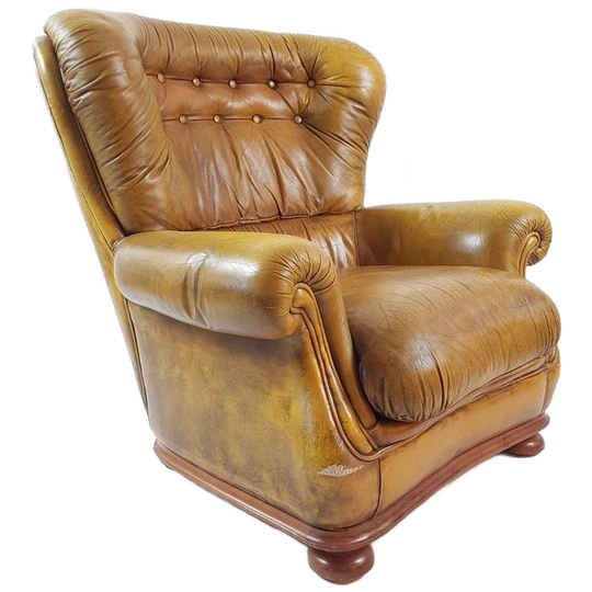 Oker Gele Leren Fauteuil | Lounge Chair Yellow Leather 1