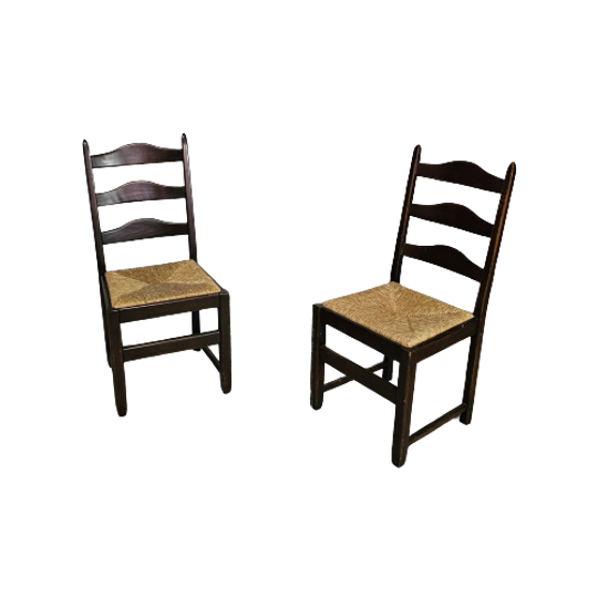 Set Of 2 Oak , Rustic, Farmhouse, Ladderback Dining Chairs With Rush Seats 1