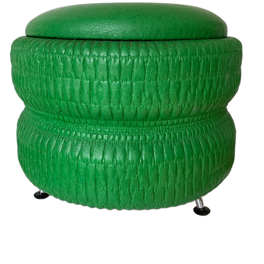 Vintage Groene Skai Leren Ronde Poef 1