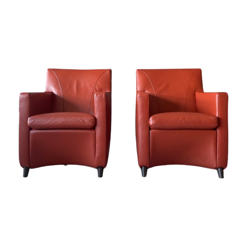 2X Leolux Dolcinea Fauteuil + Hocker | Roodbruin/Cognac Leer