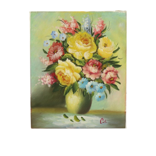 Bloemen In Vaas Stilleven Schilderij Amateur Gesigneerd 27cm 1
