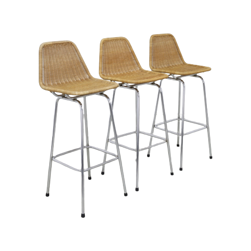 3X Bar Stool In Rattan And Chrome By Rohé Noordwolde, 1960S
