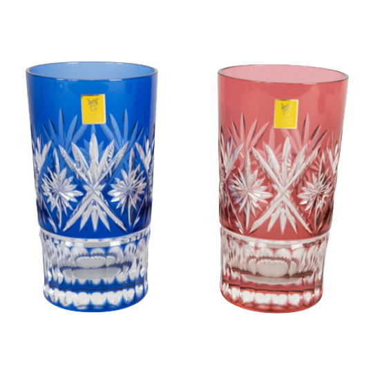 Kagami Kristal - Edo Kiriko - Rood & Blauw - 2 Stuks - Japan - 2000 1