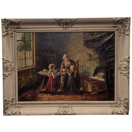 Olieverf Moeder Met Kinderen J. Braun, Midden 20e Eeuw 1