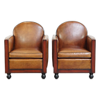 Set Van 2 Mooie, Cognac Kleurige, Schapenleren Art Deco Fauteuils thumbnail 1