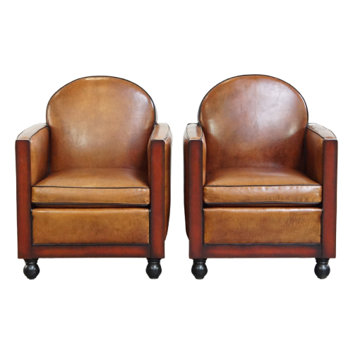 Set Van 2 Mooie, Cognac Kleurige, Schapenleren Art Deco Fauteuils