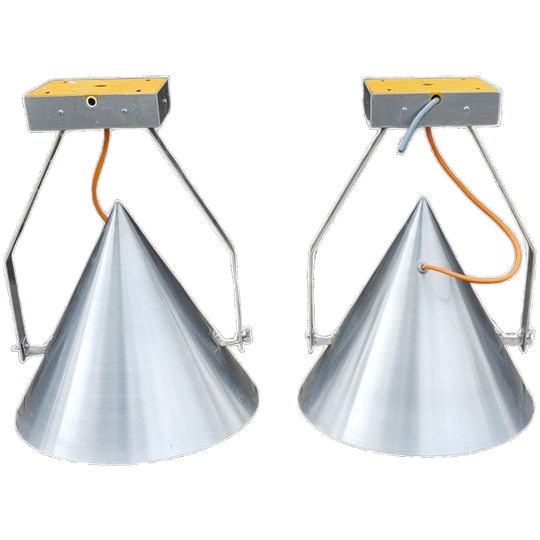 A Pair Of Modern / Aluminum / Large / Conical / Industrial Style Lamps / Designed For Ceiling Or 1