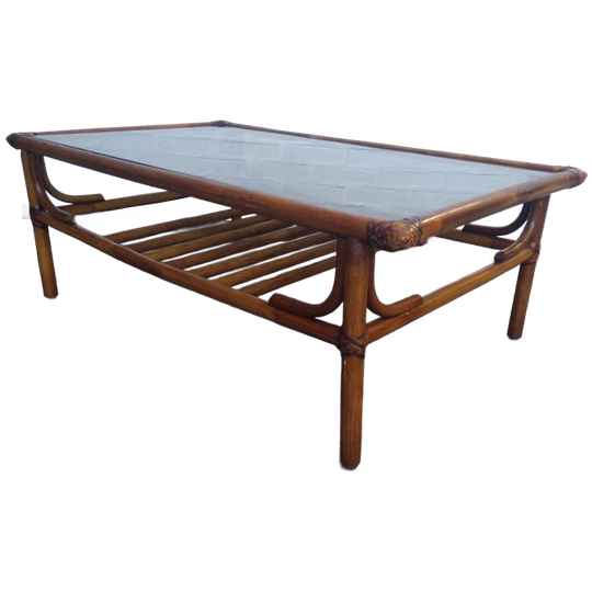 Rotan Tafel Met Rookglas En Leren Bindingen 1