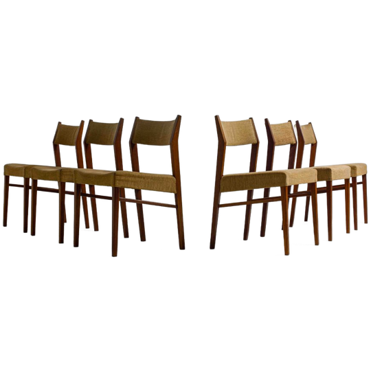 Set Van 6 Elegante Mid-century Eetkamerstoelen In Okergele Stof 1