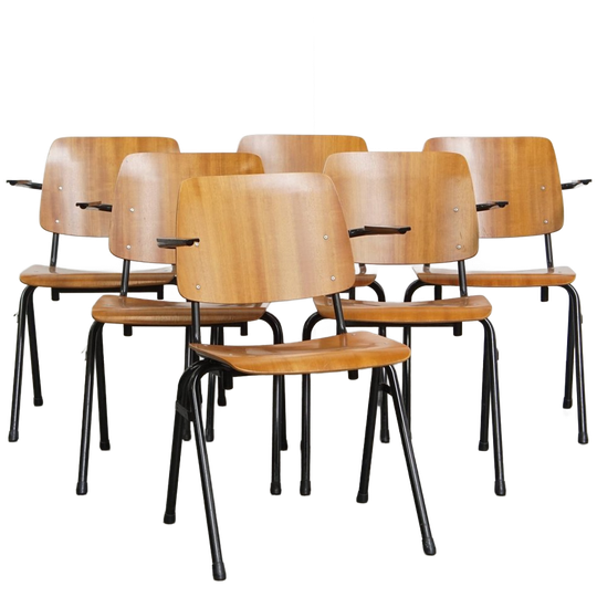 Set Van 6 Vintage Jaren ’60 Dutch Design Marko School/kantine/eetkamerstoelen Met Armleuningen 1