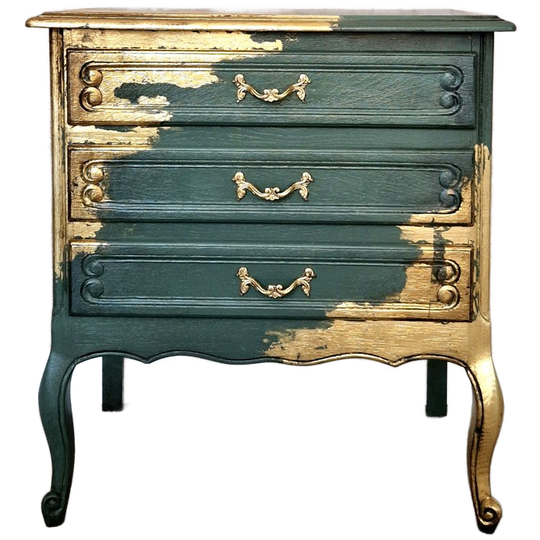 Vintage Look Dressoir/ Groen En Goud Ladekastje/ Queen Anne Kastje 1