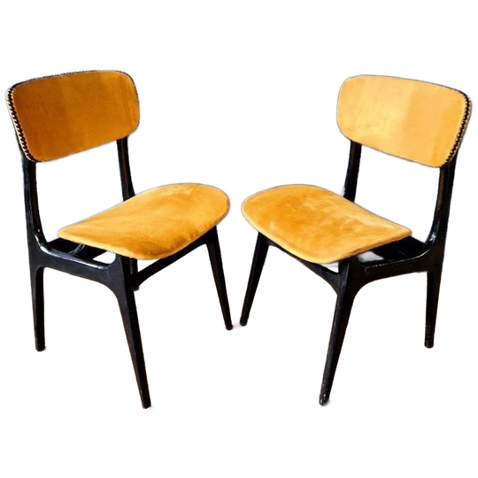 2 Vintage Stoelen In Zwart Gelakt Hout En Mosterdstof, 1960 1