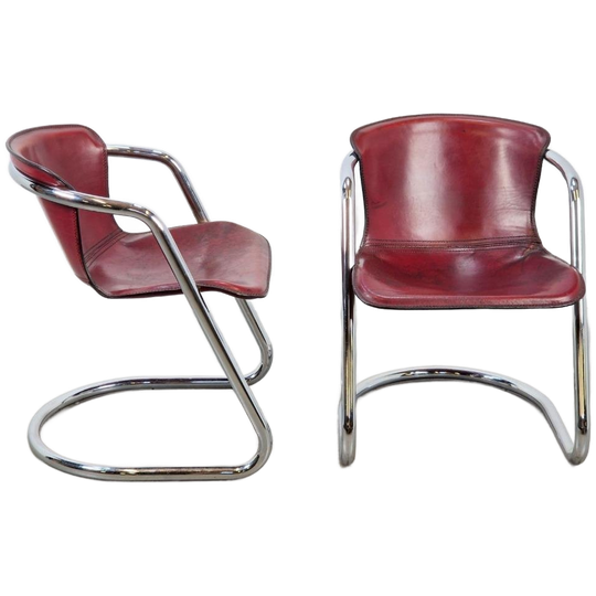 Set Of 2 Vintage Metaform Tuigleer Leren Buisframe Stoel ‘70 1