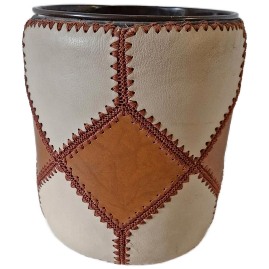 Vintage Prullenbak Patchwork Metaal Leer Bekleed Jaren 70 1