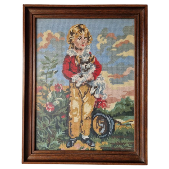 Vintage Geborduurd Schilderij "jongen Met Hond" 1