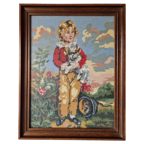 Vintage Geborduurd Schilderij "Jongen Met Hond"