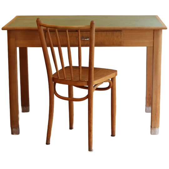 Licht Houten Keuken- Of Kantoortafel, Jaren 30-40 Met Stoel 1