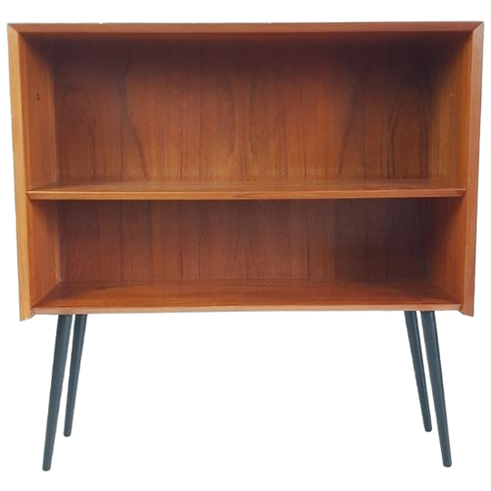 Vintage Deens Boekenkastje | Klein Kastje Teak Zwarte Pootje 1