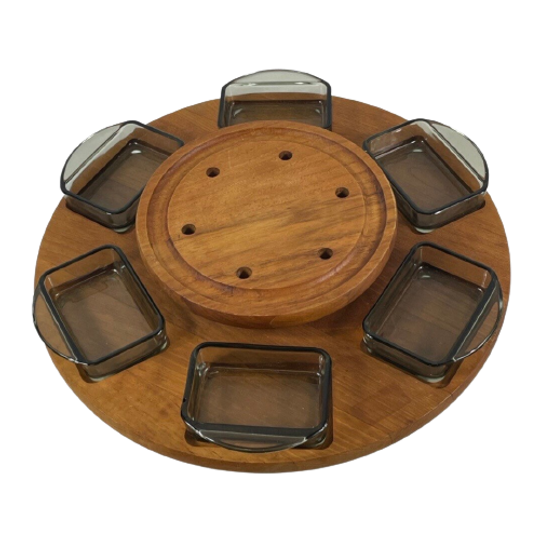 Digsmed - Lazy Susan / Serving Tray - Teak Wood And Smoked Glass - 1950’s Scandinavian Design 1
