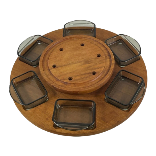 Digsmed - Lazy Susan / Serving Tray - Teak Wood And Smoked Glass - 1950’S Scandinavian Design