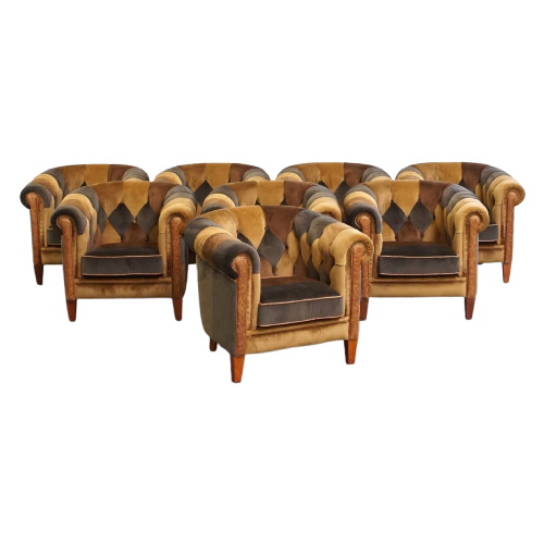 Unieke Set Van 8 In Goede Staat Verkerende Stoffen Patchwork Chesterfield Clubfauteuils In Engels