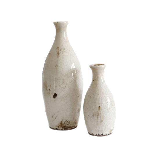 2- Vintage Krakele Keramiek Fles Vaasjes In Creme Met Bruin 1