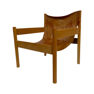 Vintage Safari Fauteuil Jaren 70, Cognac Leer Patina