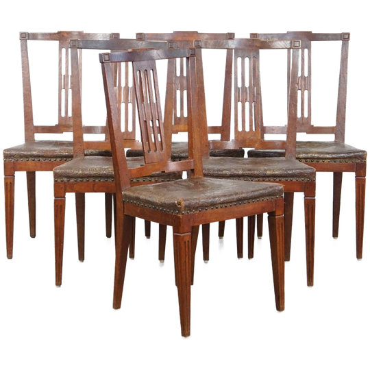 Unieke En Karaktervolle Set Van 6 Originele Antieke Hollandse Leren Eetkamerstoelen 1