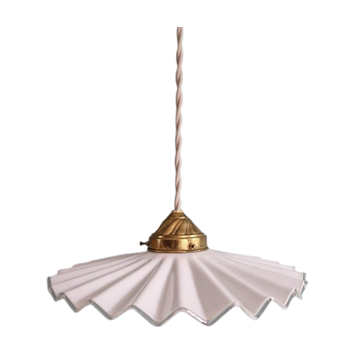 Art Deco Hanglamp In Geplooide Witte Opaline, Jaren 30