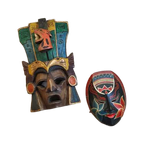 Set Van 2 Handgemaakte Bohemian Houten Maskers Kleurrijk Wanddecoratie Bali thumbnail 1
