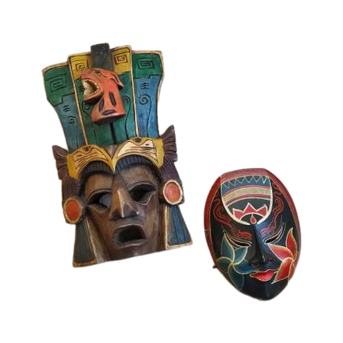 Set Van 2 Handgemaakte Bohemian Houten Maskers Kleurrijk Wanddecoratie Bali