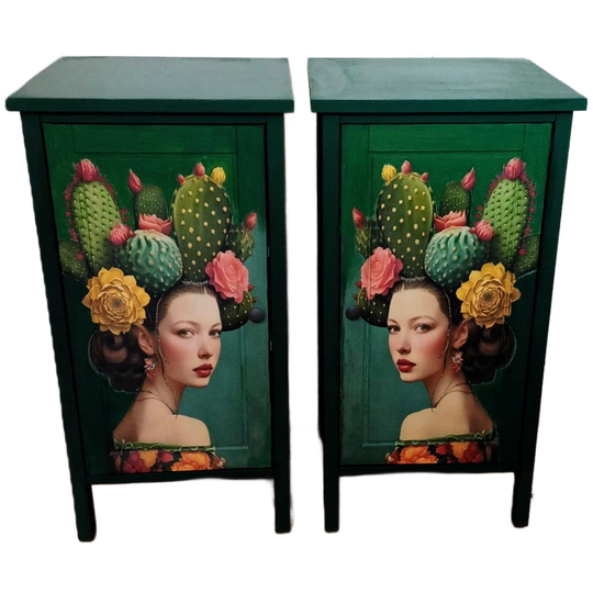 2 Groene, Hoge Nachtkastjes “cactus” - Eclectisch 1