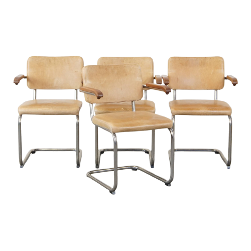 Set Van 4 Comfortabele Vintage Leren Thonet Buizenframe Design Eetkamer/ Bijzet/ Vergaderstoelen