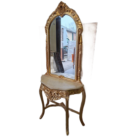 Klassieke Rijkbestoken Goudkleurige Demi Lune Wandtafel , Kaptafel Met Marmerenblad En Facetgeslepen Spiegelopstand, 1