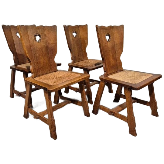 4 Brutalist Eiken Stoelen Met Biezen Zitting 1