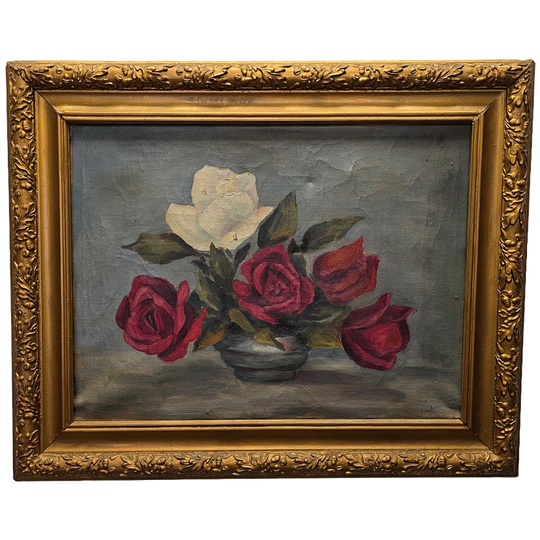 Vintage Olieverf Schilderij Met Rozen, Jaren 50/60 1