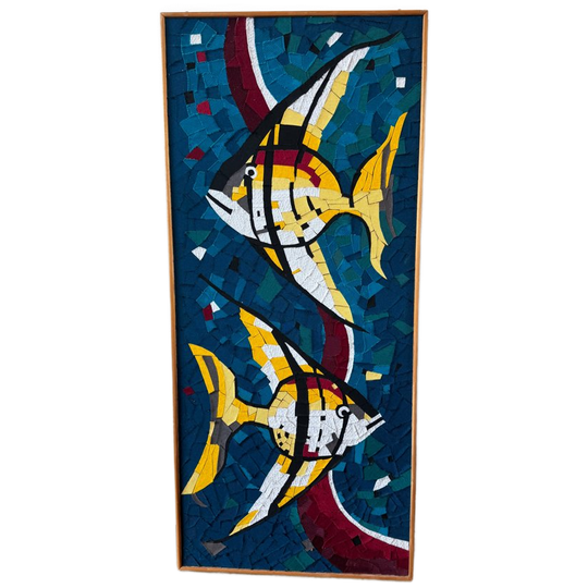 Textielkunstwerk Vissen Met Houten Lijst (106x47cm) 1