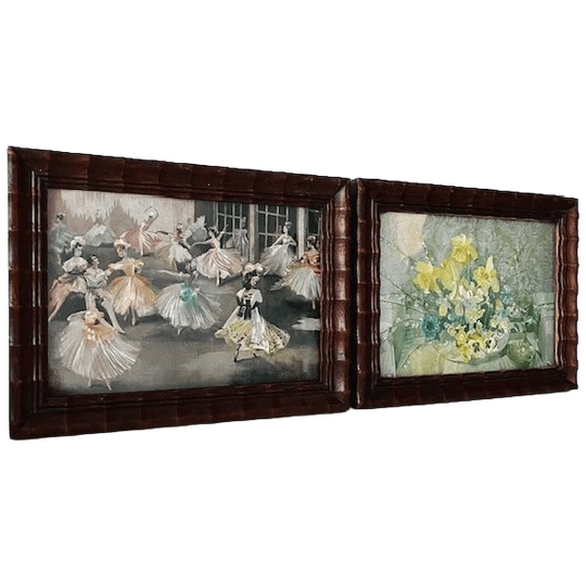 Antieke Set Foliedruk Schilderijtjes Ballet Bloemen Folieprint Metaalets 1920’s 1