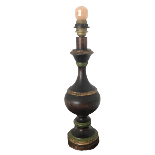 2 X Zeldzame Vintage Houten Voet Tafellampen In Bruin, Goud En Groen 1