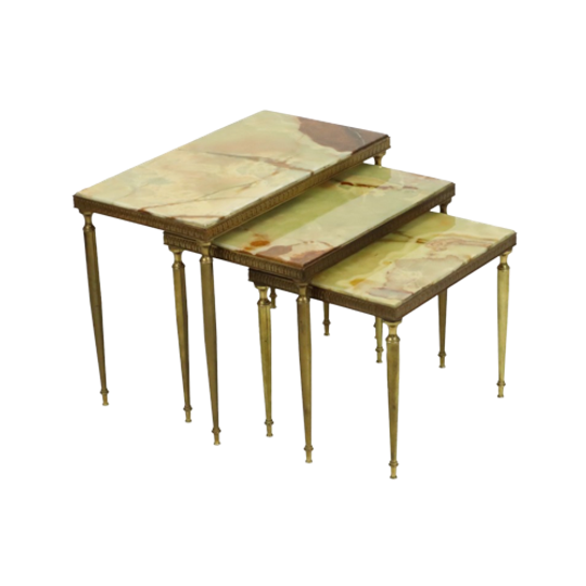 Set Van 3 Nesttafels Onyx Marmer Koperen Frame Jaren 50 Frankrijk 1