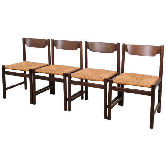 Mid-century Wengé Eetkamerstoelen Met Rotan Zitting - Set Van 4 1