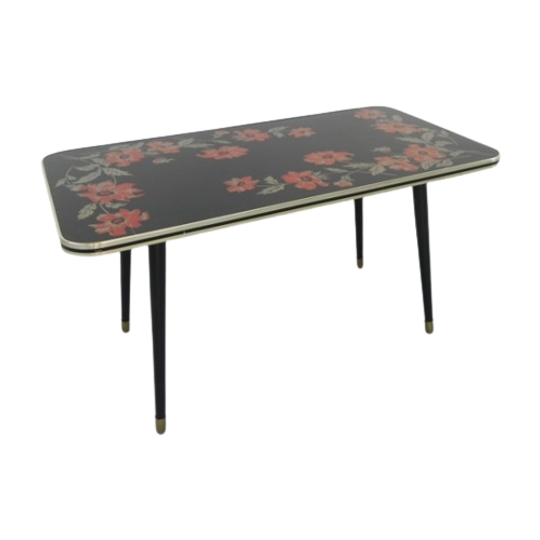 Vintage Salontafel Met Glazen Blad En Schuine, Taps Toelopende Poten 1