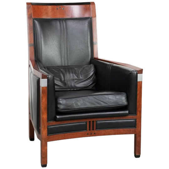 Prachtige Art Deco Schuitema Design Fauteuil Met Hoge Rug Gemaakt Van Zwart Rundleer 1