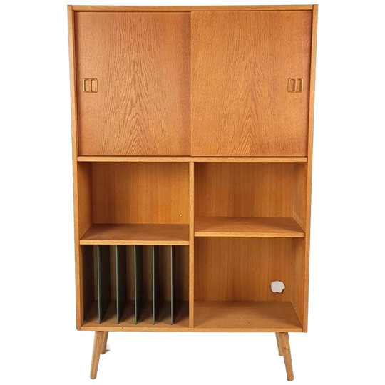 Vintage Deens Eiken Fineer Lp Platen Kast Vakken Schuifdeur 1