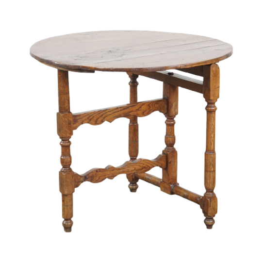 Ronde, Inklapbare Antieke 18e Eeuwse Franse Wijn/ Campagne Tafel Met Een Mooi Onderstel 1