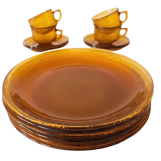 Set Vintage Amber Glas Ontbijtservies 1960’s 1