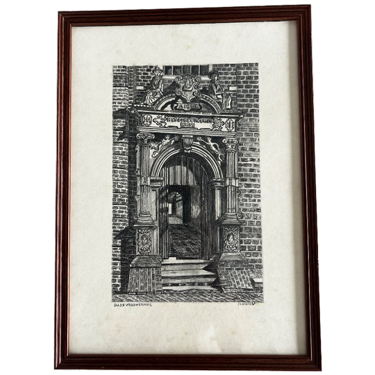 Gravure Tekening Van Jan Berger (1863-1930) Oude Vrouwenhuis Te Hoorn 1